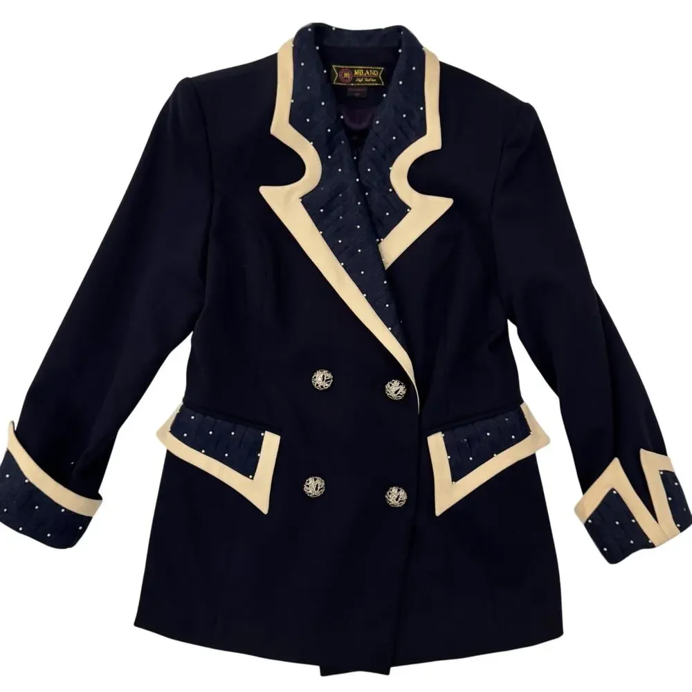 Milano High Fashion Vintage Blazer Pearl Navy Women's 40 Regencycore Royalcore - Picture 9 of 13